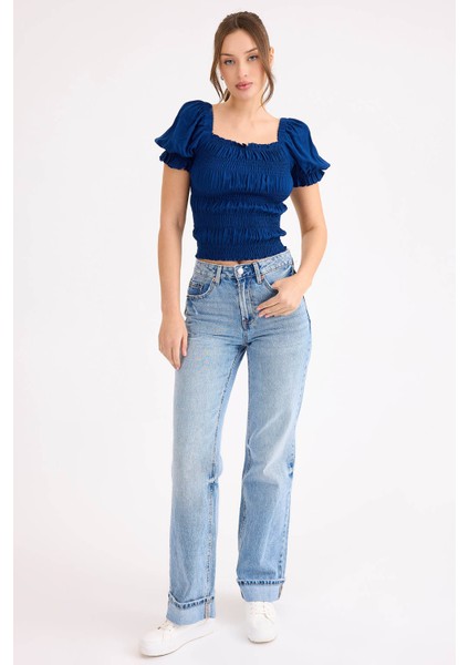 Kare Yaka Viskon Keten Crop Bluz fiyatları