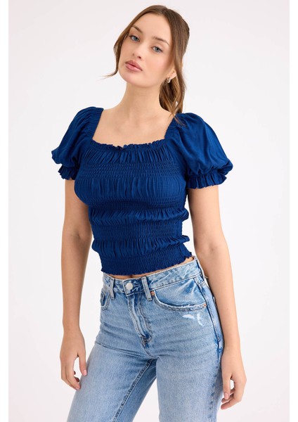 Kare Yaka Viskon Keten Crop Bluz modelleri