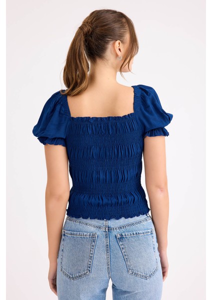 Kare Yaka Viskon Keten Crop Bluz fırsatları