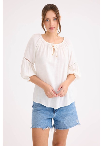 Kolu Lastikli Önü Bağlamalı Keten Bluz