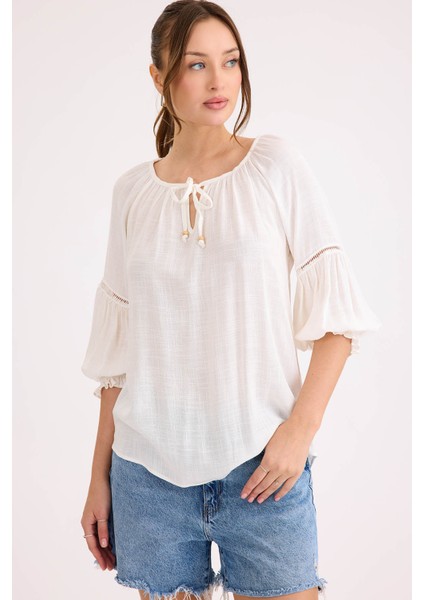 Kolu Lastikli Önü Bağlamalı Keten Bluz fiyatları