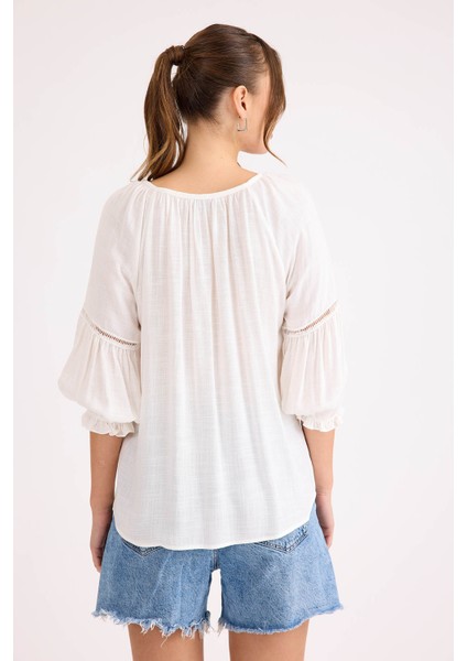 Kolu Lastikli Önü Bağlamalı Keten Bluz indirimleri