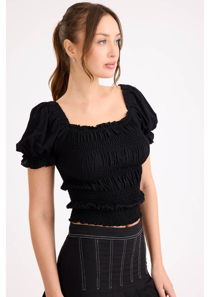 Kare Yaka Viskon Keten Crop Bluz fırsatları