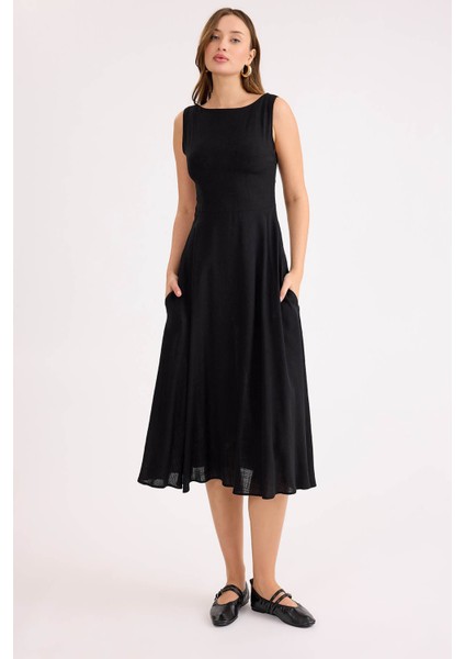 Sıfır Kol Viskon Keten Midi Elbise