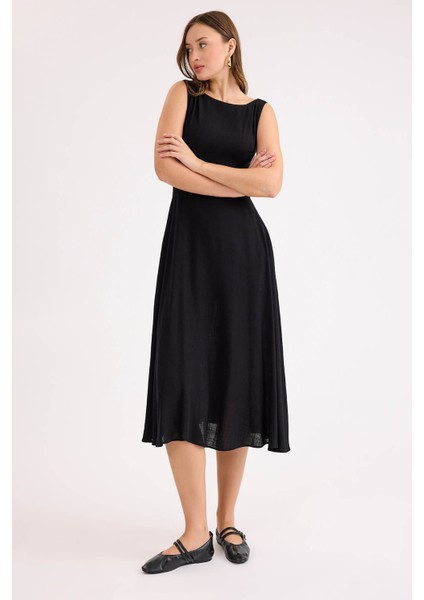 Sıfır Kol Viskon Keten Midi Elbise fiyatları