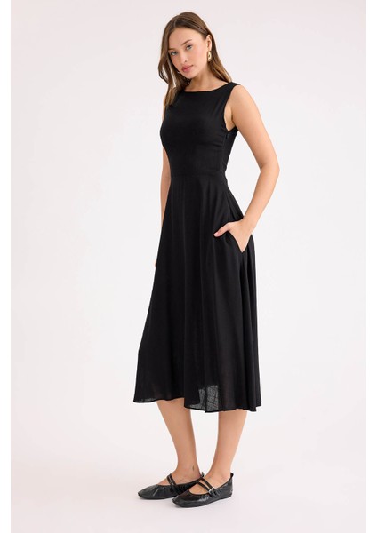Sıfır Kol Viskon Keten Midi Elbise modelleri