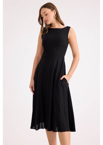 Sıfır Kol Viskon Keten Midi Elbise fırsatları