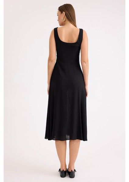 Sıfır Kol Viskon Keten Midi Elbise indirimleri