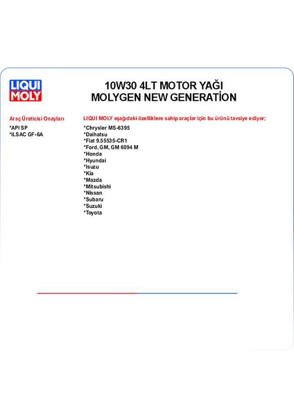 Apısp 10W30 4lt Motor Yağ Molygen New Generation LQM-20797