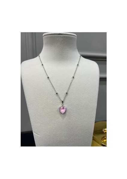 Top Zincirli Pembe Kalp Çelik Kolye
