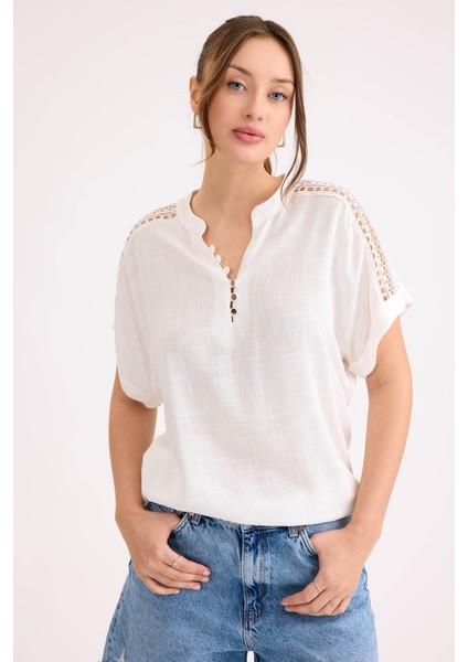 Omuz Kısmı Güpürlü Viskon Keten Bluz modelleri