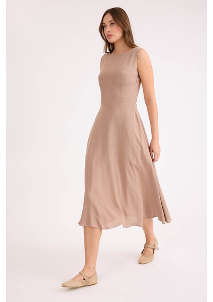 Sıfır Kol Viskon Keten Midi Elbise modelleri