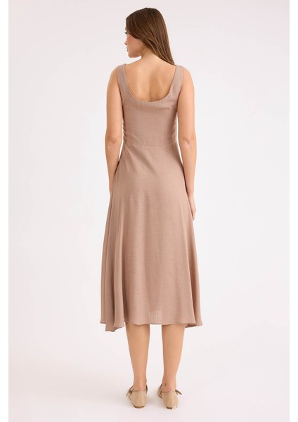 Sıfır Kol Viskon Keten Midi Elbise fırsatları