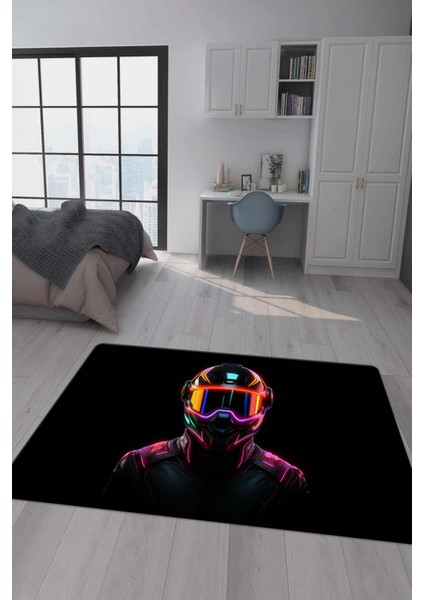 Kaymaz Taban Makinada Yıkanabilir Dijital Baskı Neon Kask Desenli Çocuk Odası Halısı Dot Taban Halı RHR04