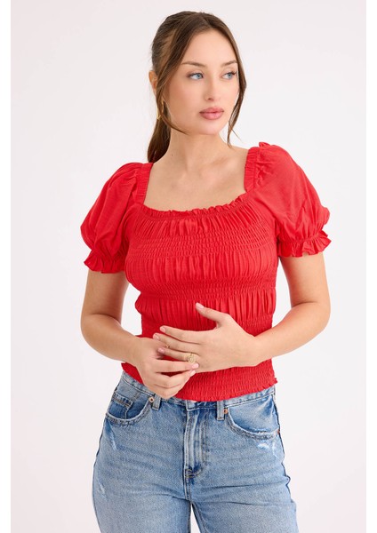 Kare Yaka Viskon Keten Crop Bluz