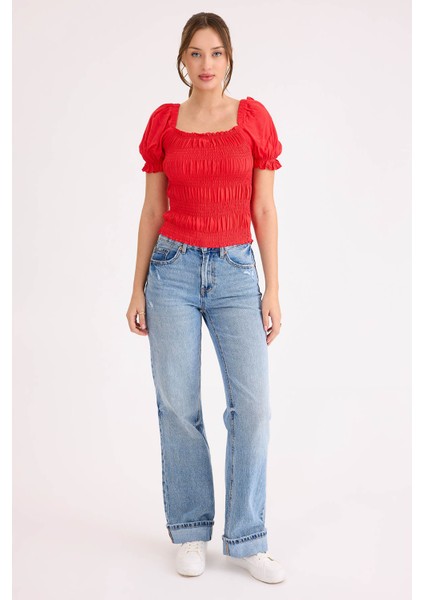 Kare Yaka Viskon Keten Crop Bluz fiyatları