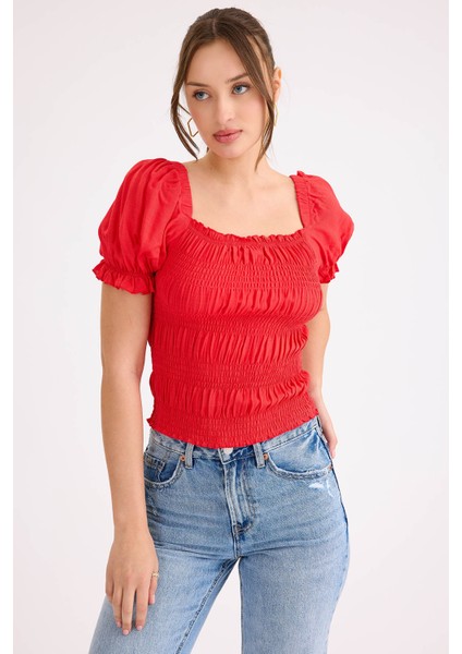 Kare Yaka Viskon Keten Crop Bluz fırsatları