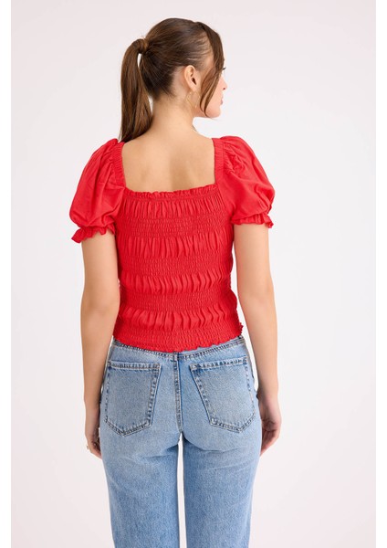 Kare Yaka Viskon Keten Crop Bluz indirimleri