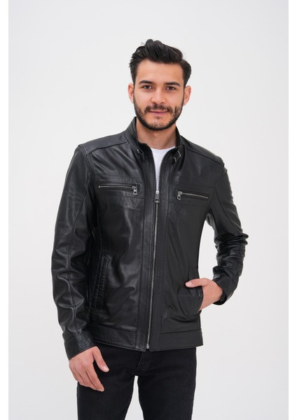 Basics&more Erkek Fermuar Detaylı Hakiki Deri Ceket - SRY27