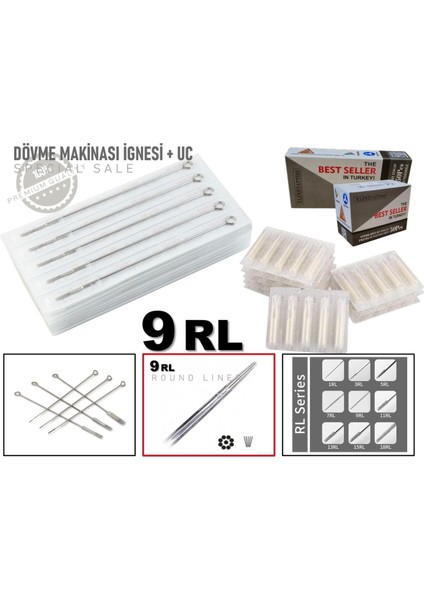 50 Adet 9rl Dövme Iğnesi ve Ucu - Dövme Makinası Iğnesi + Uc - 9 Rl