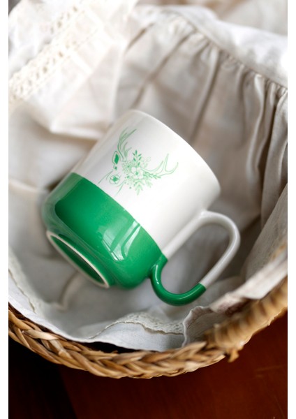 Geyik Figürlü Yeşil Seramik Kupa Bardak, Hediyelik Kupa