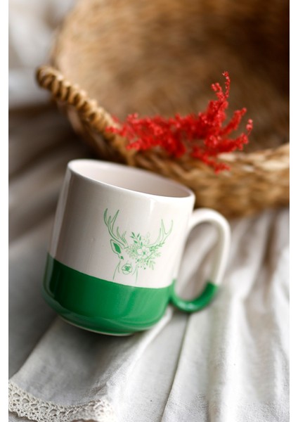 Geyik Figürlü Yeşil Seramik Kupa Bardak, Hediyelik Kupa modelleri