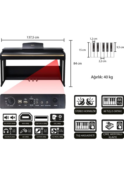 Jwin Sapphire SDP-214 Çekiç Aksiyonlu 88 Tuşlu Dijital Piyano + Tabure - Siyah