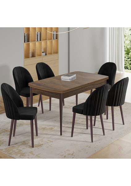 Enya Serisi 80 x 132 Açılabilir Barok Ahşap Desen Masa Takımı ve 6 Siyah Sandalye