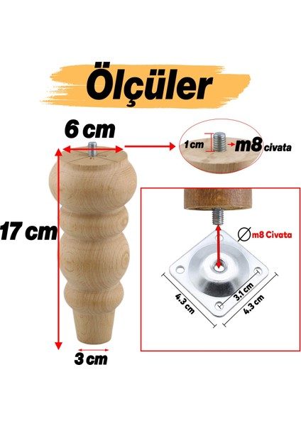Mobilya Koltuk Kanepe Berjer Ayağı Yükseltici Ayakları M8 Civata 4 Adet Ahşap 17 cm Bağlantı Aparat