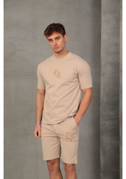Bej Nakışlı Basic Erkek Şort Takımı