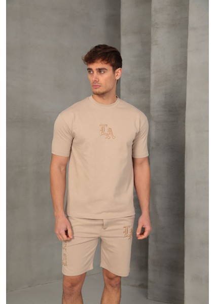 Bej Nakışlı Basic Erkek Şort Takımı modelleri