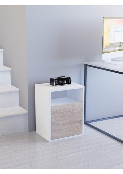 Kapaklı Raflı Komodin, %100 MDF Sonoma/Beyaz & Karbon Gri/Sonoma