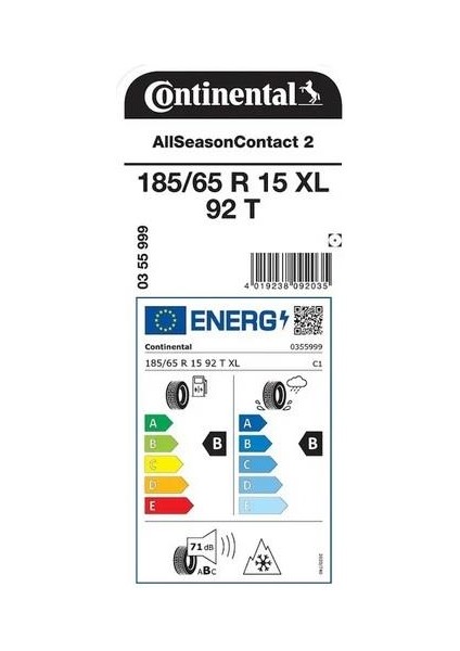 185/65 R15 92t Xl Allseasoncontact 2 Oto 4 Mevsim Lastiği (Üretim Yılı:2025)