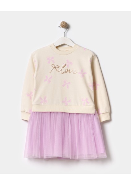 Kız Çocuk Pul Nakışlı Mevsimlik Uzun Kollu Tüllü Elbise