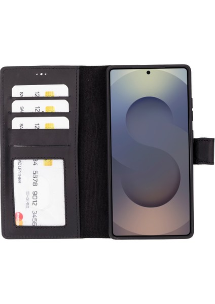 Samsung Galaxy S25 Ultra Uyumlu Deri El Yapımı Cüzdanlı Kılıf Mat Siyah