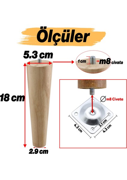 Ahşap Ayak Bağlantı Aparatlı Mobilya Koltuk Kanepe Sehpa Masa Ayağı Ayakları M8 Civatalı Ahşap 18 cm modelleri