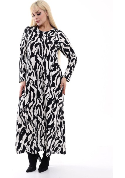 Kadın Büyük Beden Yumuşak Dokulu Beyaz Siyah Desenli Elbise modelleri