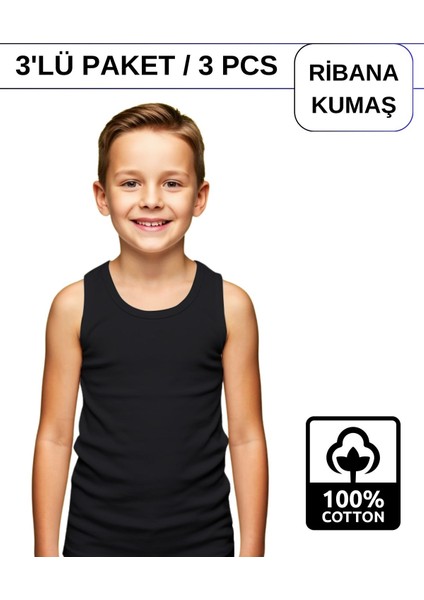 Erkek Çocuk Pamuk Ribana Atlet Oval Yaka 3'lü Paket - 3 Adet Siyah ( 9-10 Yaş ) fiyatları
