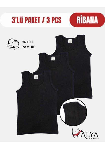 Erkek Çocuk Pamuk Ribana Atlet Oval Yaka 3'lü Paket - 3 Adet Siyah (13-14 Yaş)