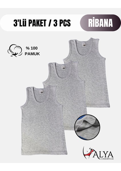 Erkek Çocuk Pamuk Ribana Atlet Oval Yaka 3'lü Paket- 3 Adet Gri Melanj ( 3-4 Yaş )
