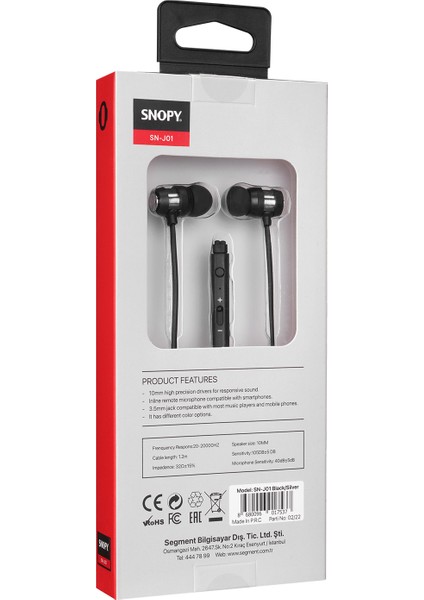 SN-J01 Mobil Telefon Uyumlu Kulak Içi Siyah/gümüş Mikrofonlu Kulaklık