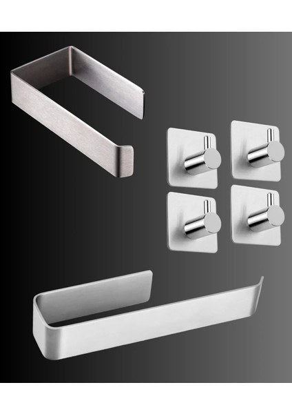 Paslanmaz Çelik Yapışkanlı Havluluk - Tuvalet Kağıtlığı - 4 Adet Askılık Set Inox