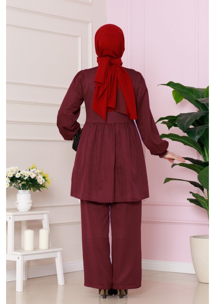 Önü Bağlamalı Pantolonlu Takım-Bordo fırsatları
