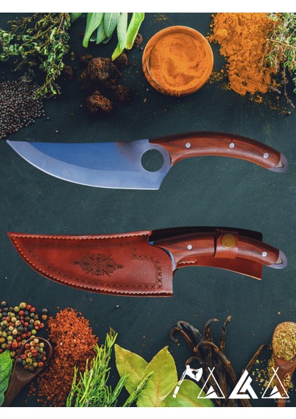 Viking Model Delikli Şef Bıçağı 27CM Paslanmaz Çelik Hakiki Deri Kılıf Hediyeli