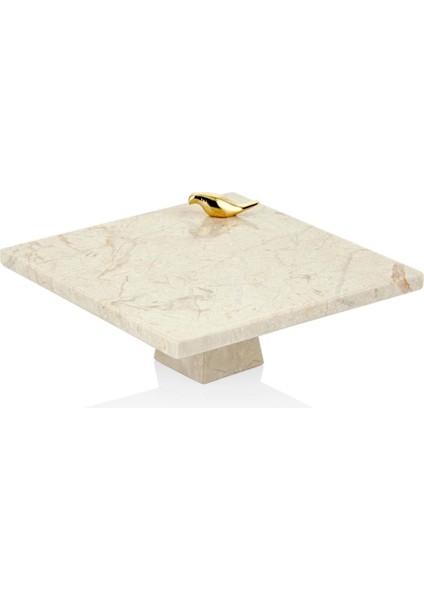 Evza Mermer Altın Kuşlu Kare Bej Sunum Tabağı 19,5 x 19,5 x 9,5 cm
