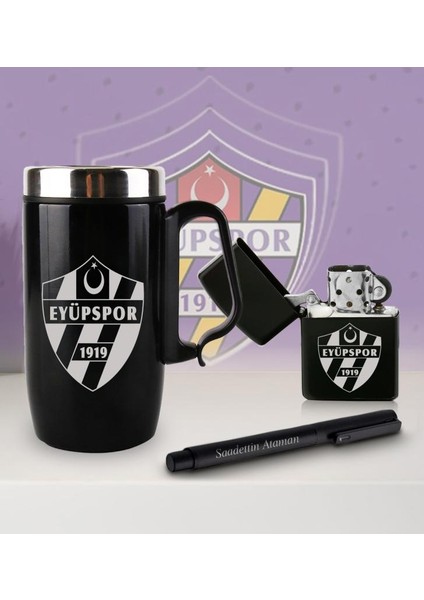 Kişiye Özel Taraftar Seti - Termos Kupa Bardak - Benzinli Çakmak - Metal Roller Kalem - Eyüpspor