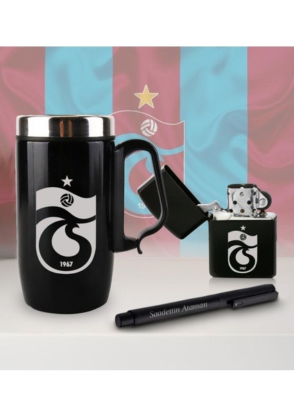 Kişiye Özel Taraftar Seti - Termos Kupa Bardak - Benzinli Çakmak - Metal Roller Kalem - Trabzonspor