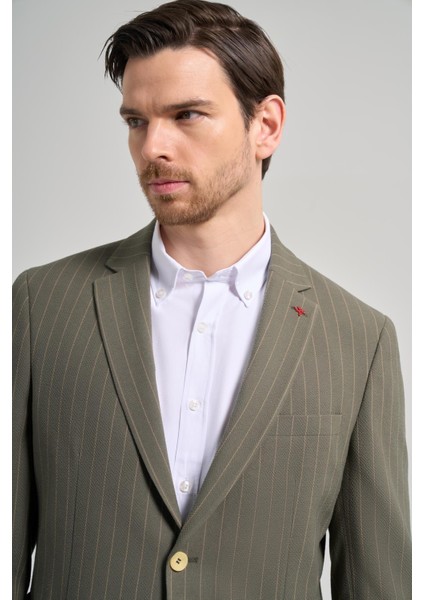 Çizgili Desen Gofreli Mono Yaka Malzemesiz Esnek 6 Drop Slim Fit Ceket 1002250122