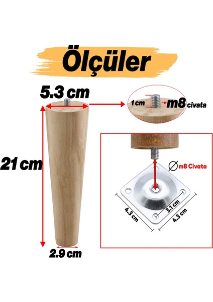 Ahşap 21 cm Bağlantı Aparat Mobilya Koltuk Kanepe Berjer Ayağı Yükseltici Ayakları M8 Civata 4 Adet