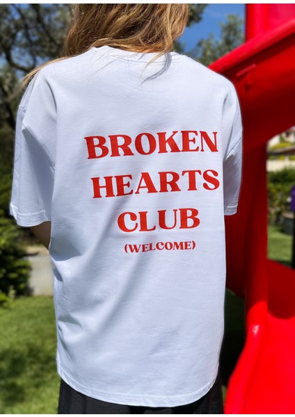 Broken Hearts Club Baskılı Unisex Pamuk Beyaz T-Shirt